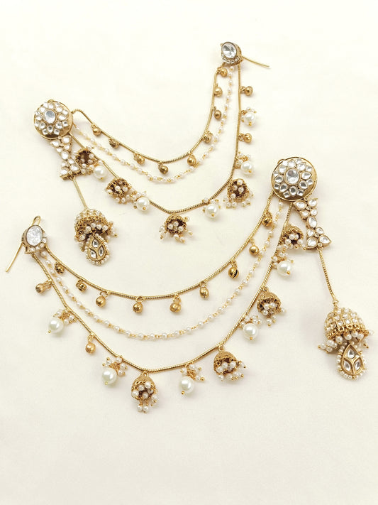 Triguni White Kundan Jhumki With Ear Chain