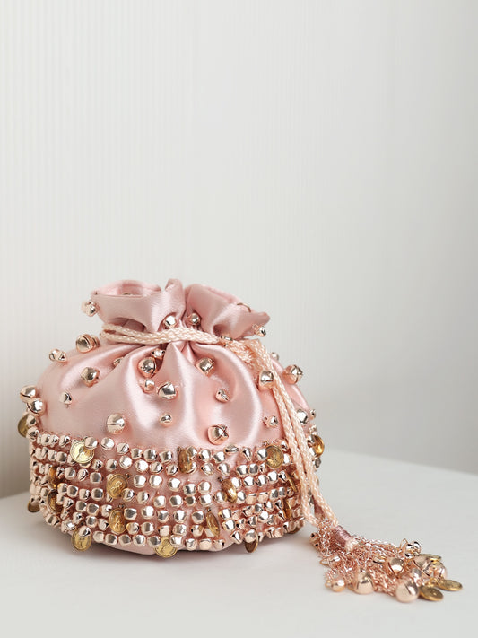 Kaaynaat Baby Pink Rose Gold Heavy Ghungroo Coin Potli Bag