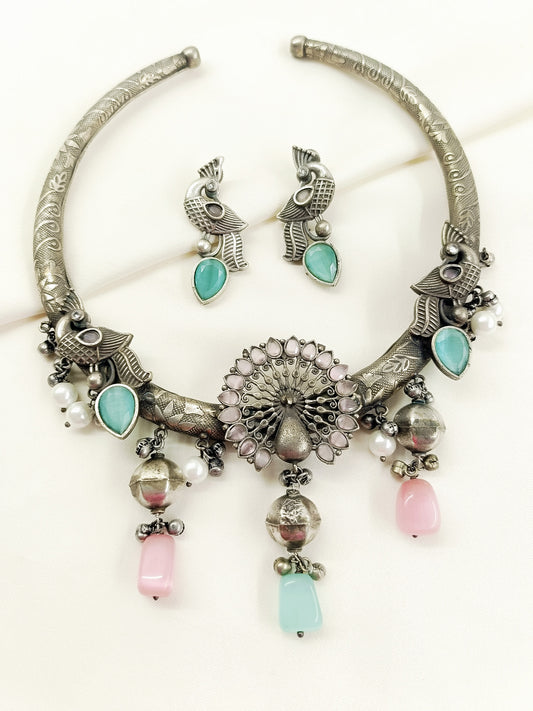 Chadni Baby Pink Peacock Oxidized Hasli Style Necklace Set