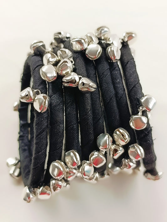 Zinal Black Cloth Bangles with Ghungroo | Handmade Fabric Churi Set of 8