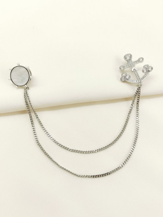 Avanya Silver Anchor & Wheel Brooch Pin With Chain