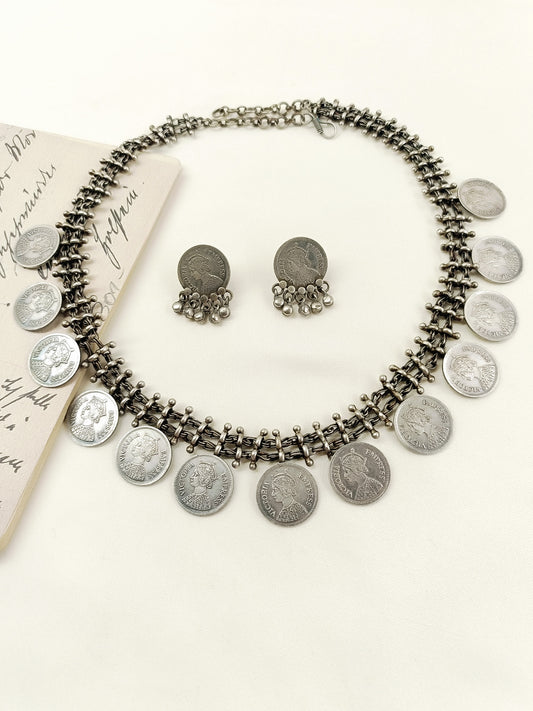 Fizra Plain Oxidized Coin Choker Set