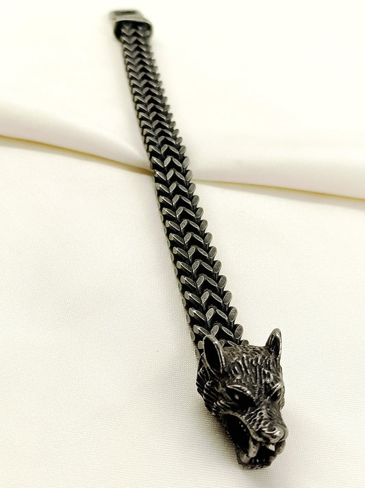 Kaiyen Black Men's Wolf Head Chain Bracelet