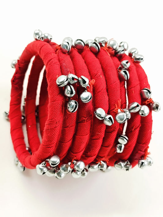 Shailee Red Cloth Bangles with Ghungroo - Handmade Fabric Churi Set of 8