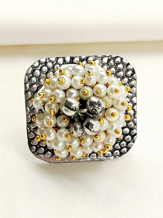 Edha White Pearl Oxidized Finger Ring