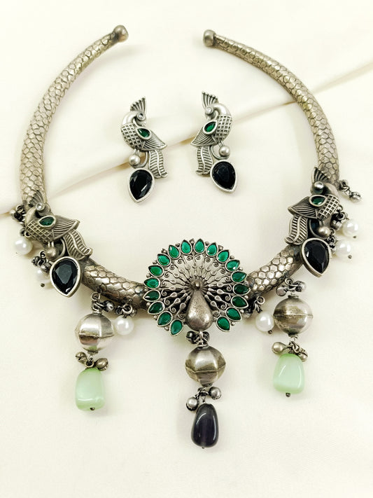 Madhushri Green Peacock Oxidized Hasli Style Necklace Set