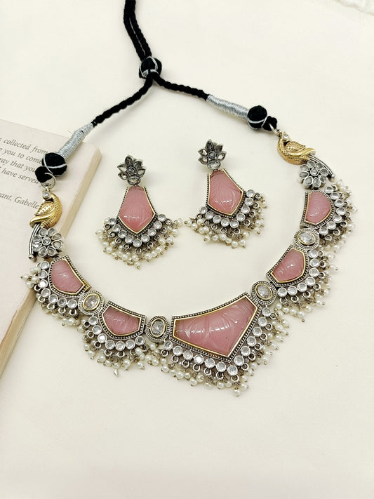 Lajvanti Baby Pink Oxidized Necklace Set