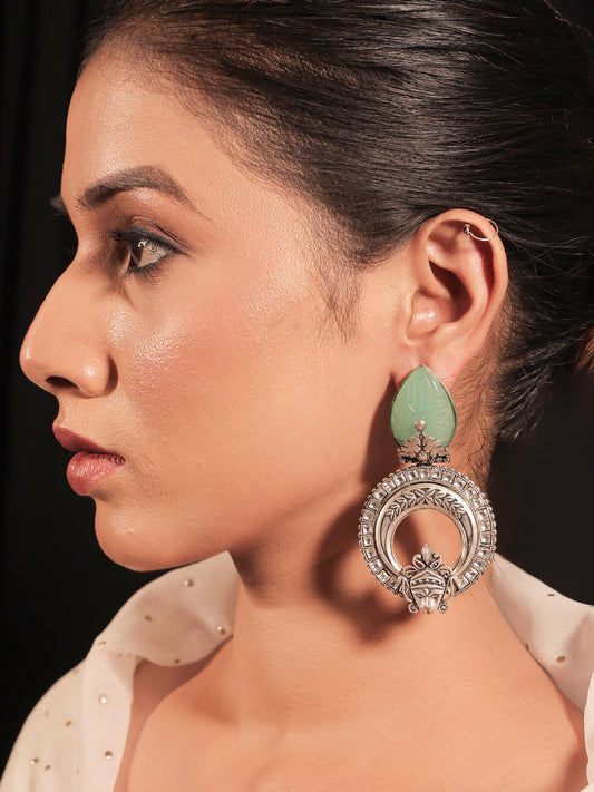 Mayura Mint Green Stone Temple Silver Plated Boutique Earrings