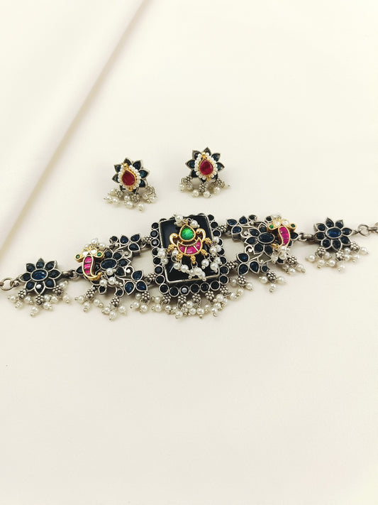 Laviza Blue Oxidized Choker Set