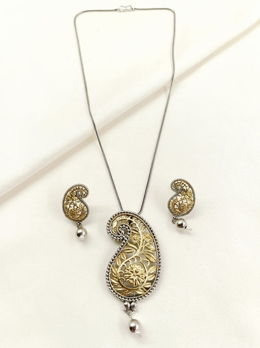 Meher Dual-Tone Oxidized Paisley Pendant Set