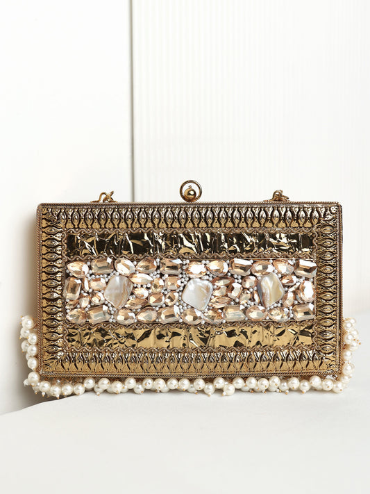 Saarika Royal Box Golden Evening Clutch Beaded Evening Clutch