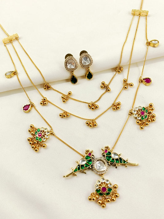Anchal Mayura Green Parrot 3 Layer Kundan Long Necklace Set