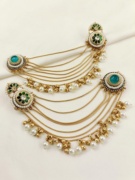Parineeti Boutique Designer Bahubali Kundan Earchain Earring - 5 Layer Chain Earring with Pearl Ghungroo - Green Kundan + Teal