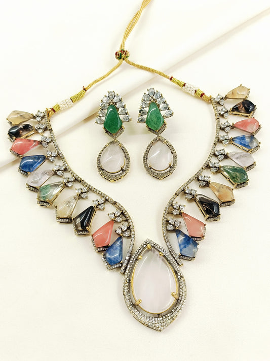 Aatreya Multicolor Victorian Raw Stone Necklace Set