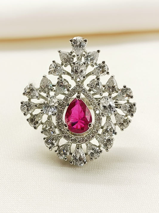 Evita Ruby 92.5 Silver American Diamond Finger Ring