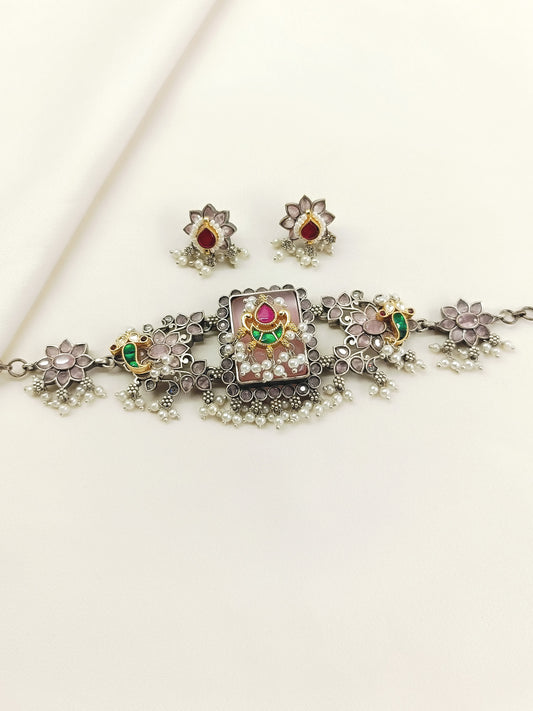 Celia Baby Pink Oxidized Choker Set