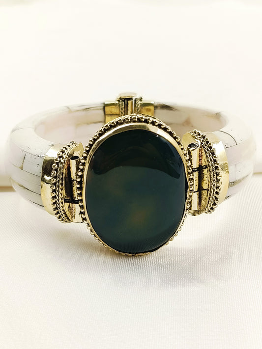 Sammi White Bone Green Stone Kada Men's Bracelet