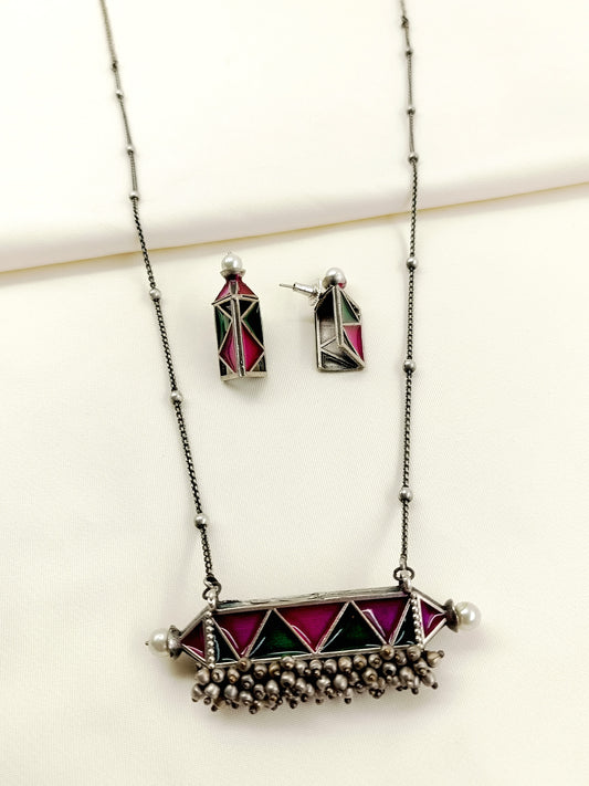 Sanganeri R&G Oxidized Pendant Set