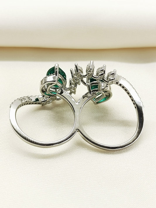 Estelle Green 92.5 Silver American Diamond Double Finger Ring