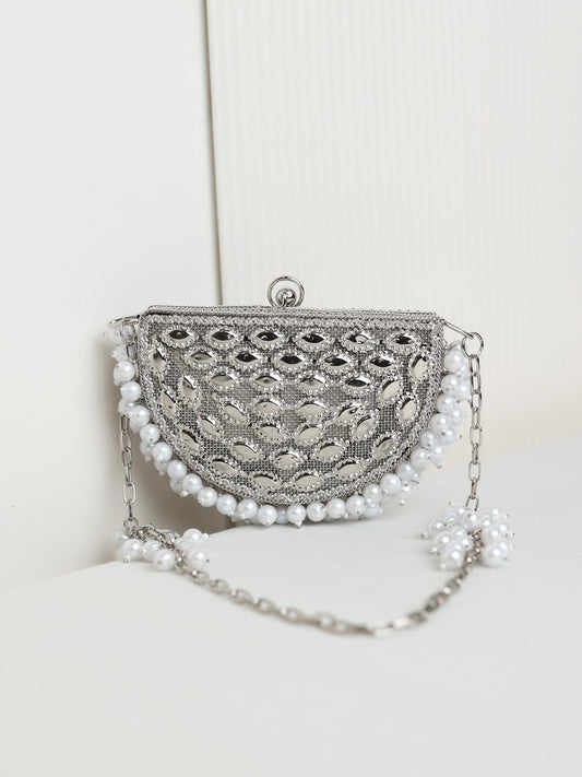 Kunjan Chaand Half Moon Silver Mini Metal Clutch