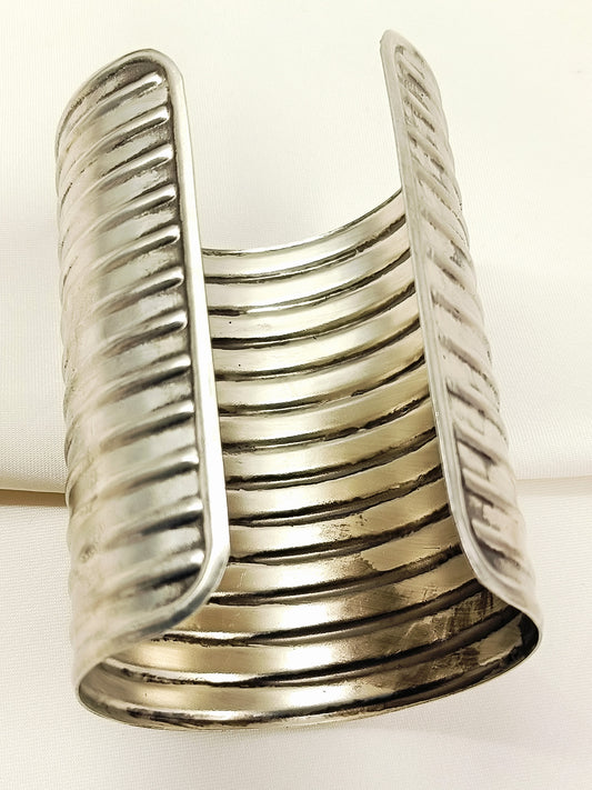 Celine Oxidized Silver Ribbed Broad Cuff Bracelet