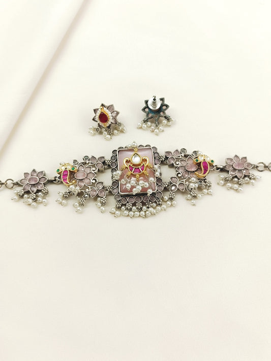 Avayah Baby Pink Oxidized Choker Set