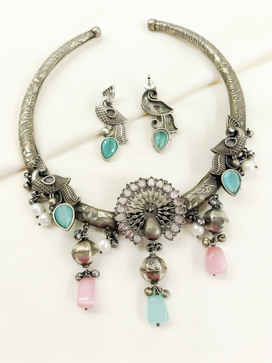 Chadni Baby Pink Peacock Oxidized Hasli Style Necklace Set