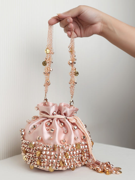 Kaaynaat Baby Pink Rose Gold Heavy Ghungroo Coin Potli Bag