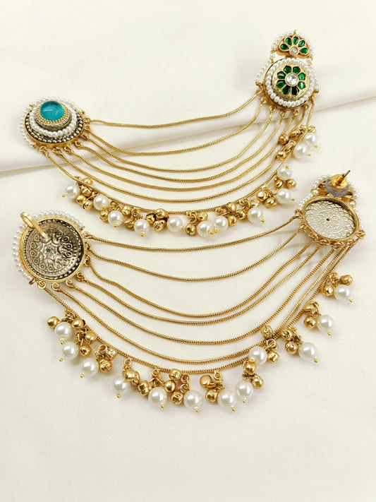 Parineeti Boutique Designer Bahubali Kundan Earchain Earring - 5 Layer Chain Earring with Pearl Ghungroo - Green Kundan + Teal