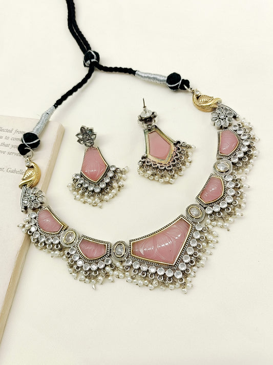 Lajvanti Baby Pink Oxidized Necklace Set