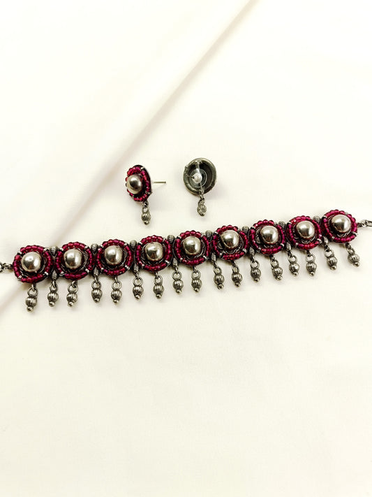 Adrika Ruby Oxidized Choker Set