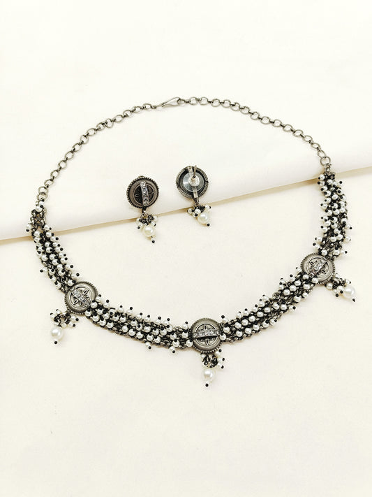 Candace White Pearl Oxidized Choker Set