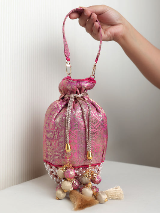 Barsha Pink Banarasi Brocade Potli Bag with Bolls Base
