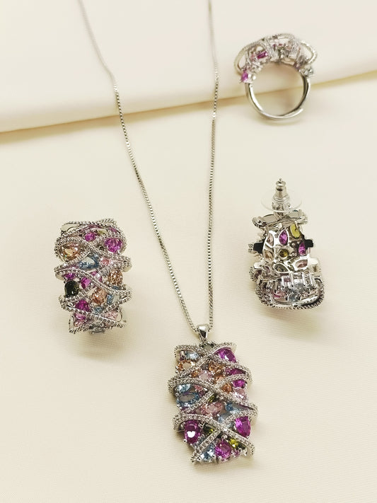 Raza Multi Colour American Diamond Pendant set With Finger Ring