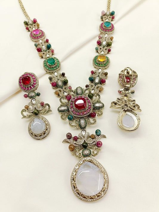 Diti Rajrani Navratan Victorian Long Necklace Set with Earrings