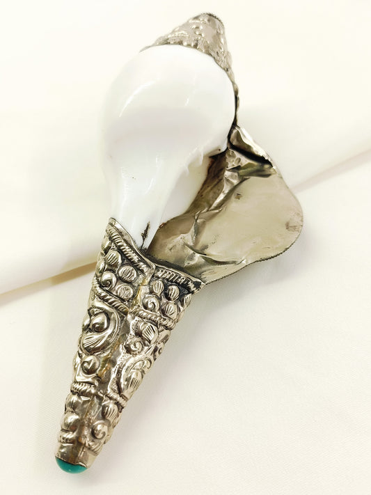 Mrigashi Silver Tibetan-Style Carved Shankh