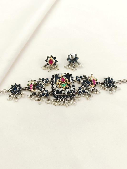 Shibu Blue Oxidized Choker Set