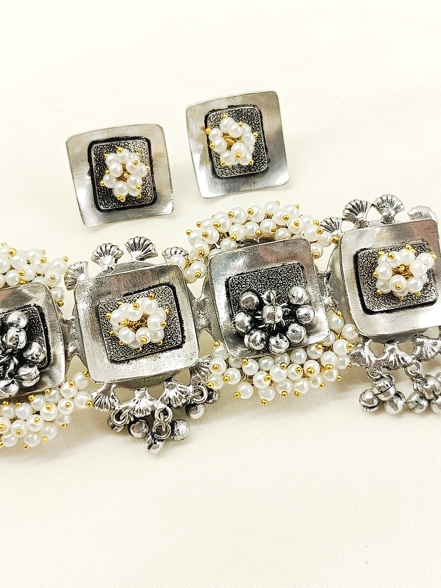 Ekantika White Pearl Oxidized Choker Set