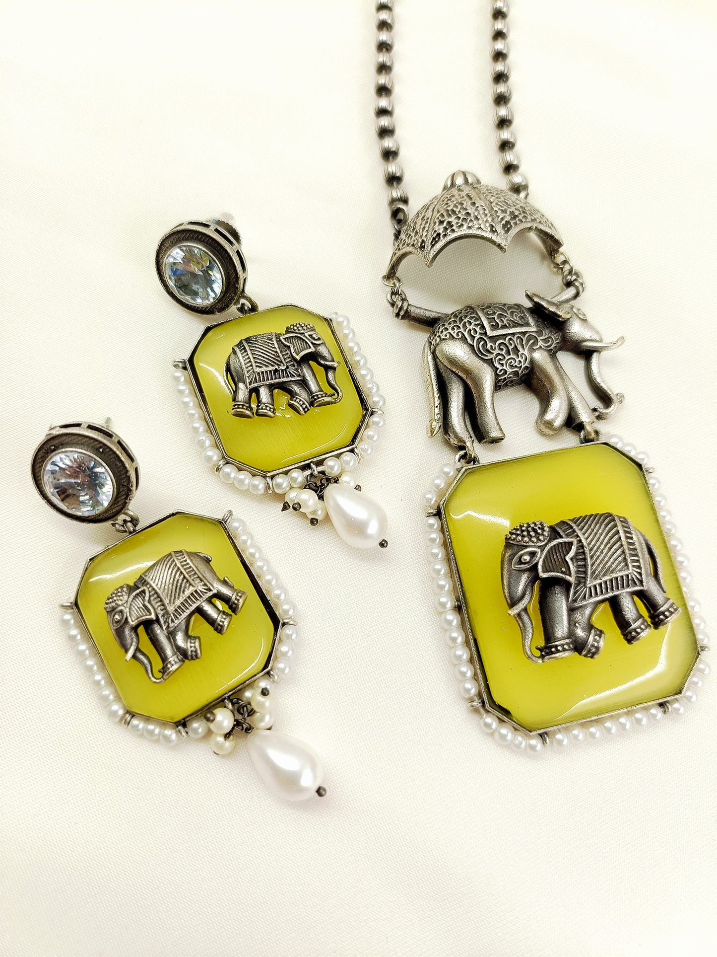 Pramila Yellow Oxidized Elephant Pendant Set