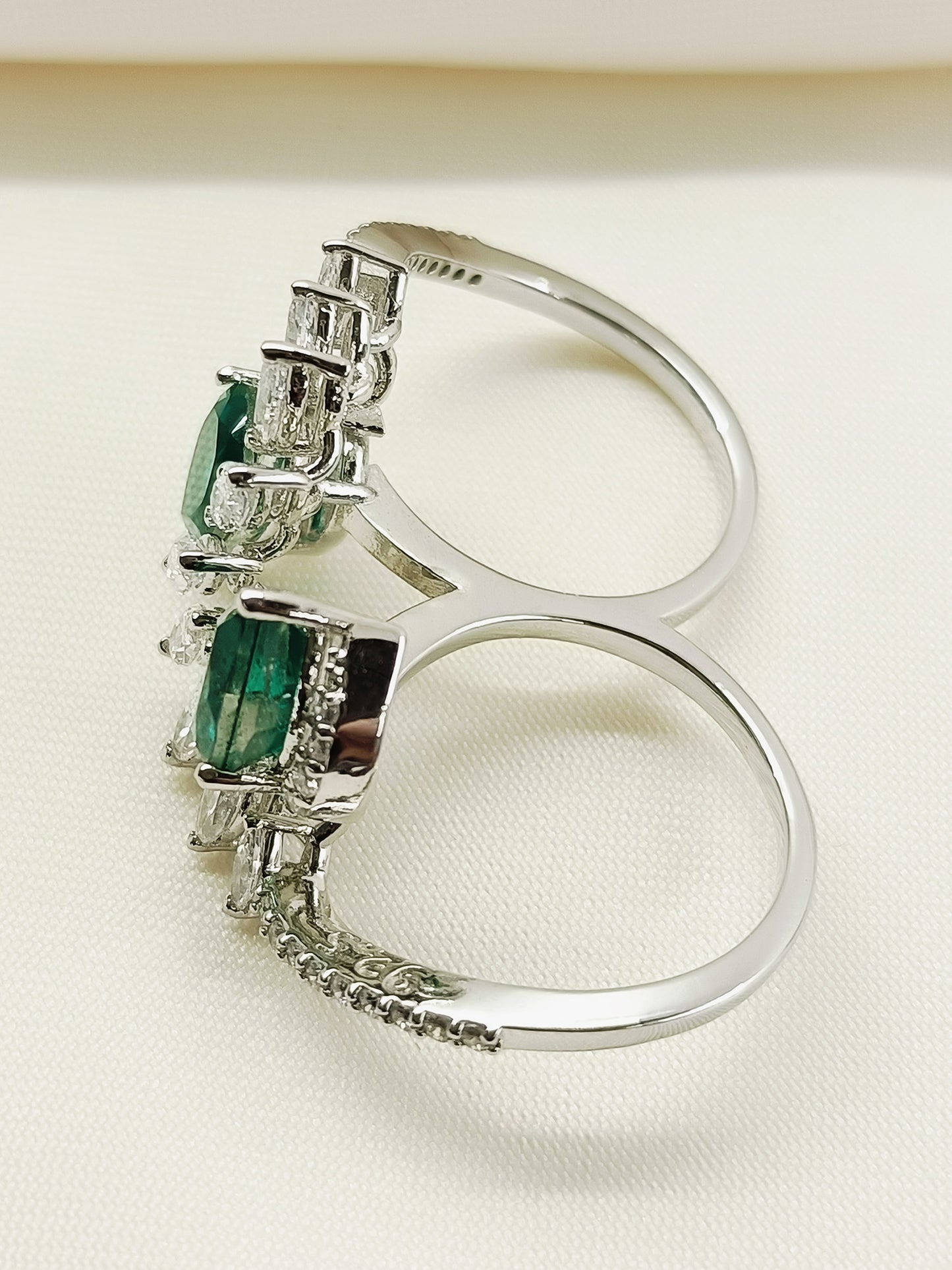 Estelle Green 92.5 Silver American Diamond Double Finger Ring