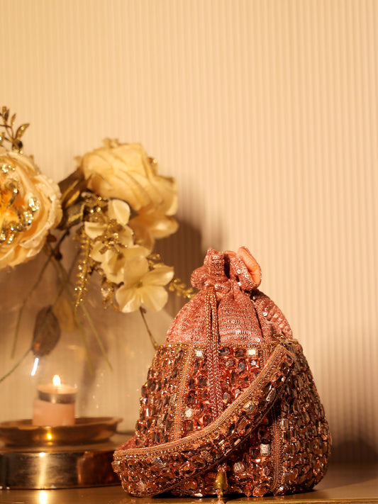 Ambre Rose Gold Diamond Work Potli Bag