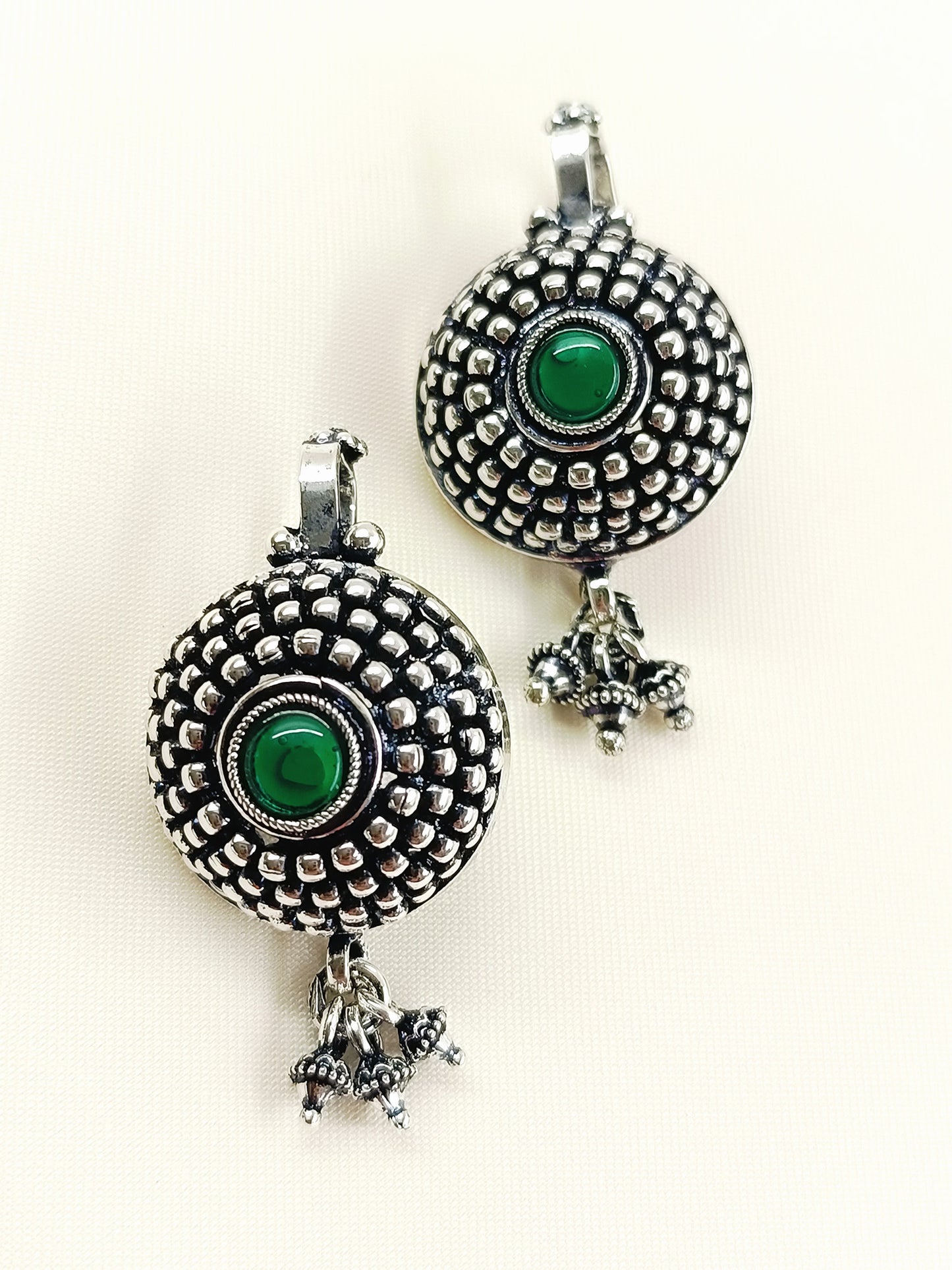 Imaya Oxidized Tribal Sunburst Ear Cuff with Green Stone & Ghungroo