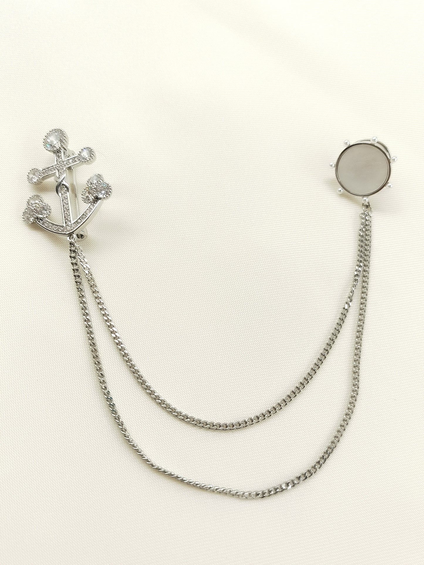 Avanya Silver Anchor & Wheel Brooch Pin With Chain