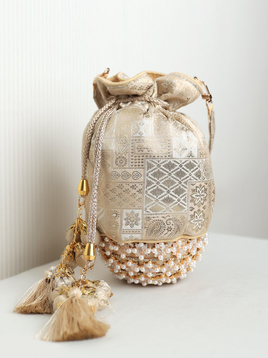 Camilla Golden Ivory Banarasi Brocade Potli Bag with Pearl Base