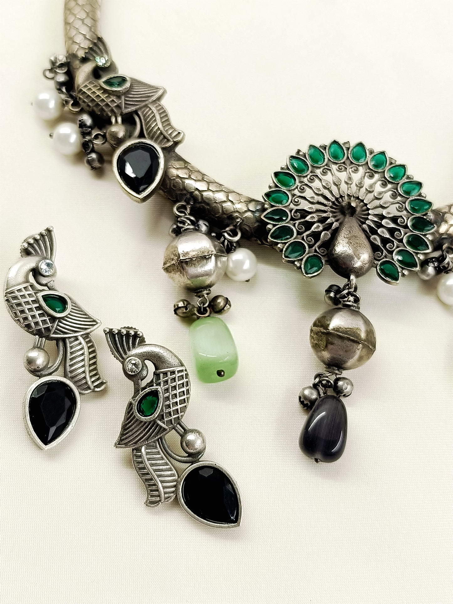 Madhushri Green Peacock Oxidized Hasli Style Necklace Set