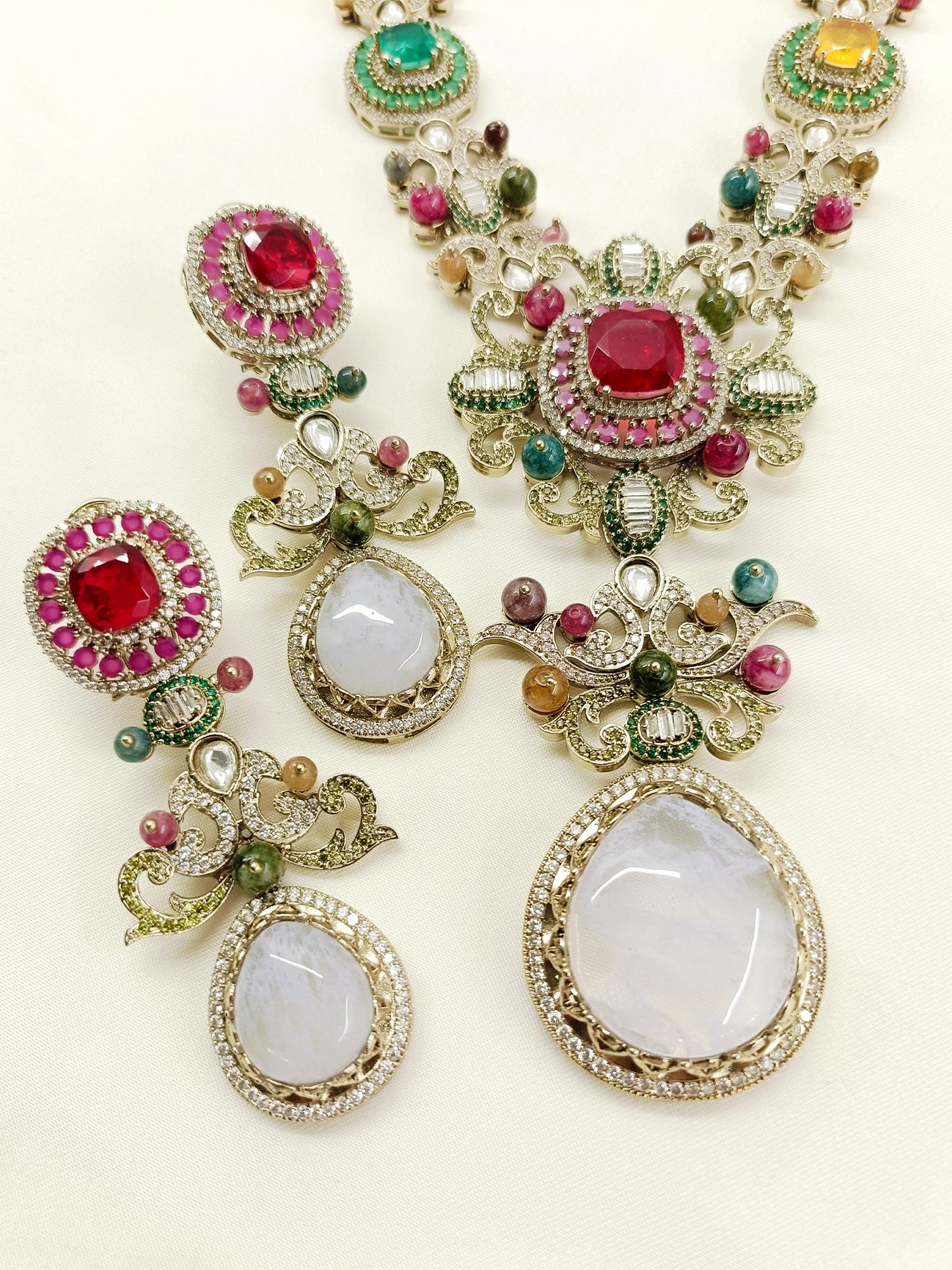 Diti Rajrani Navratan Victorian Long Necklace Set with Earrings