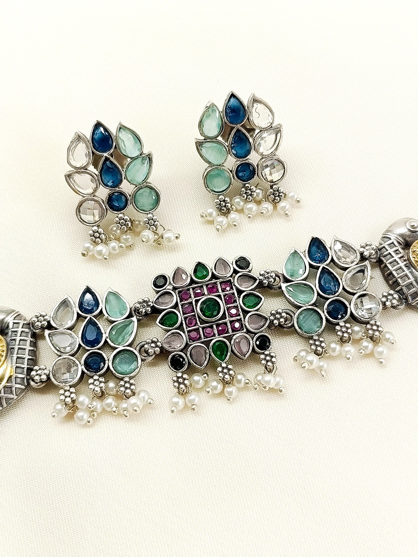 Madhvika Multi Colour Peacock Oxidized Choker Set