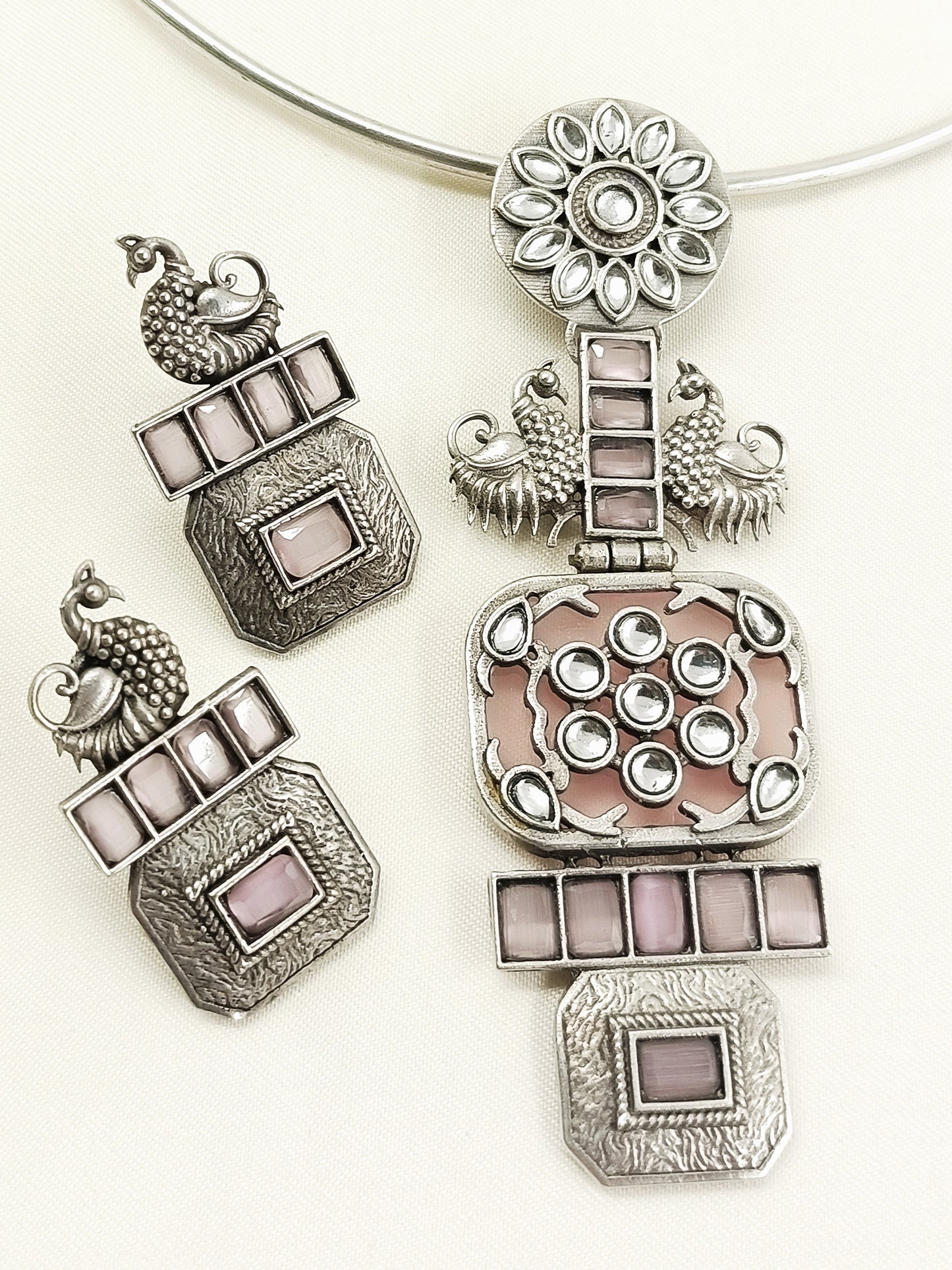 Naiya Baby Pink Oxidized Hasli Style Necklace Set