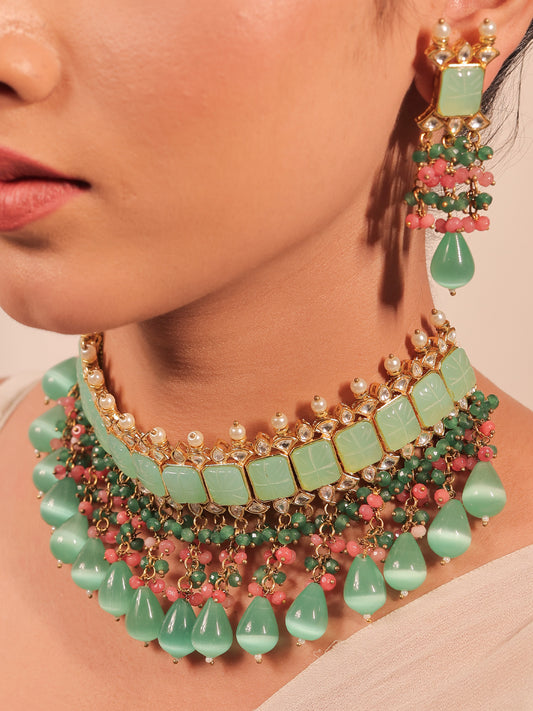 Aafizah Mint Green & Pink Gold Plated Choker Kundan Set