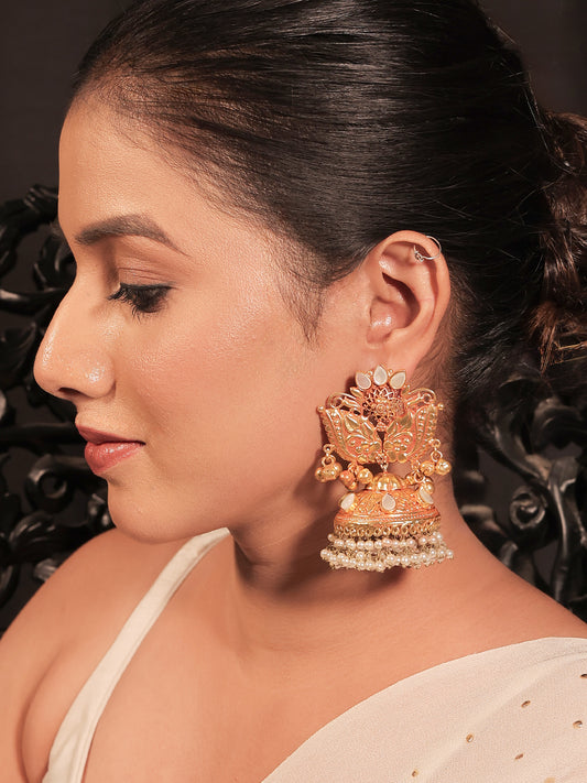 Mahi White Pearl Gold Plated Antique Jhumki